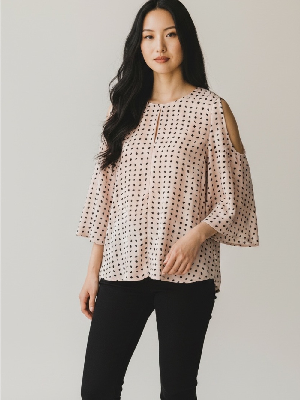 attention Blush Pink Black Dot Cold-Shoulder Blouse